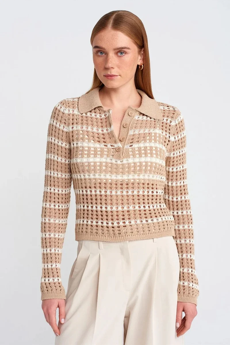DILVIN Striped Polo Collar Button Knit Sweater
