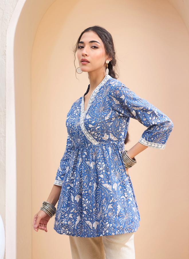 SASSAFRAS Blue Floral Cambric Wrap Peplum Kurti - Image 3