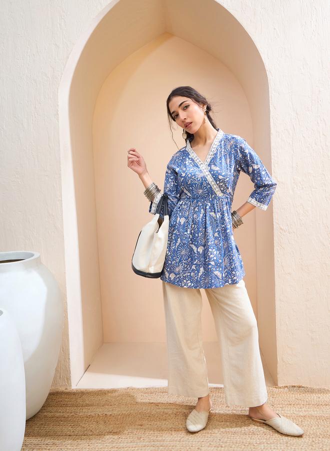 SASSAFRAS Blue Floral Cambric Wrap Peplum Kurti - Image 2