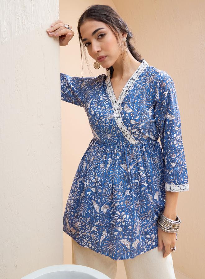 SASSAFRAS Blue Floral Cambric Wrap Peplum Kurti - Image 1