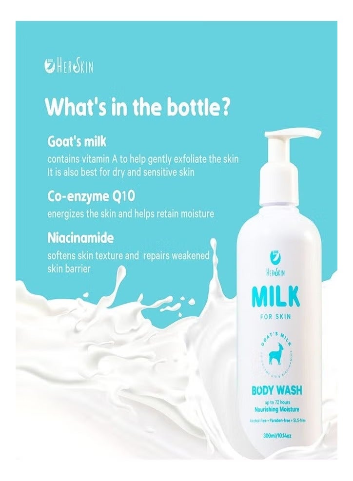 Her Skin Goat Milk Body Wash - Ultimate Cleanser and Nourishing Moisturizer for 72-hour Hydration, Targets Dull, Dry, and Rough Skin, Fades Age Spots, and Brightens Skin, 300ml.