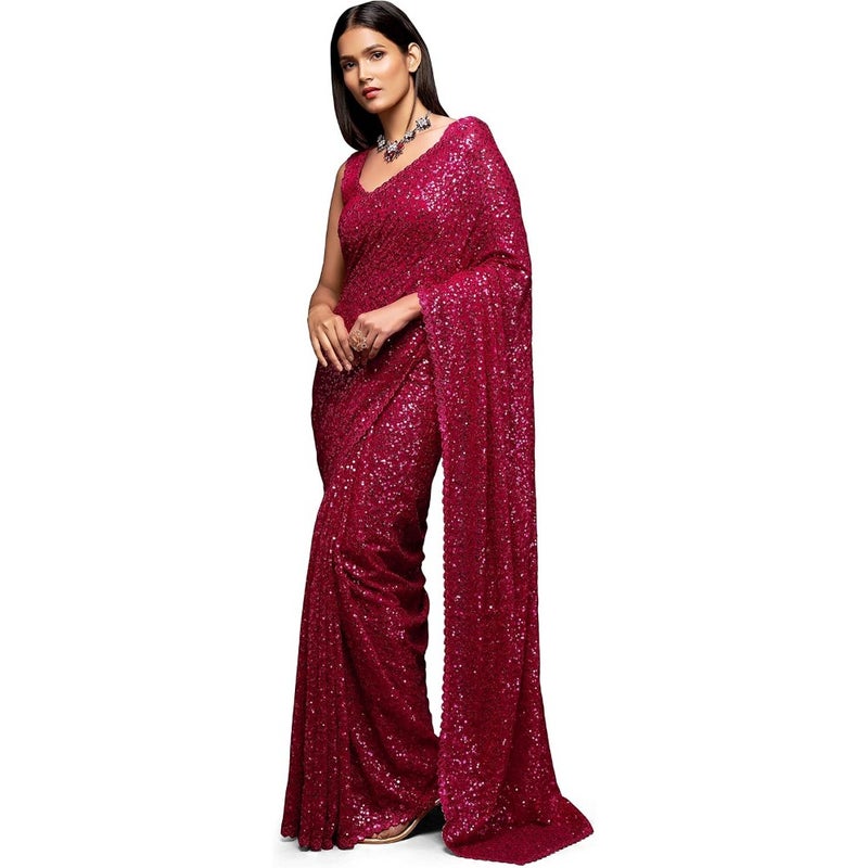 Women's sequins work heavy georgette saree with blouse for party wear, available in many colors, elegant shimmer finish - Image 1