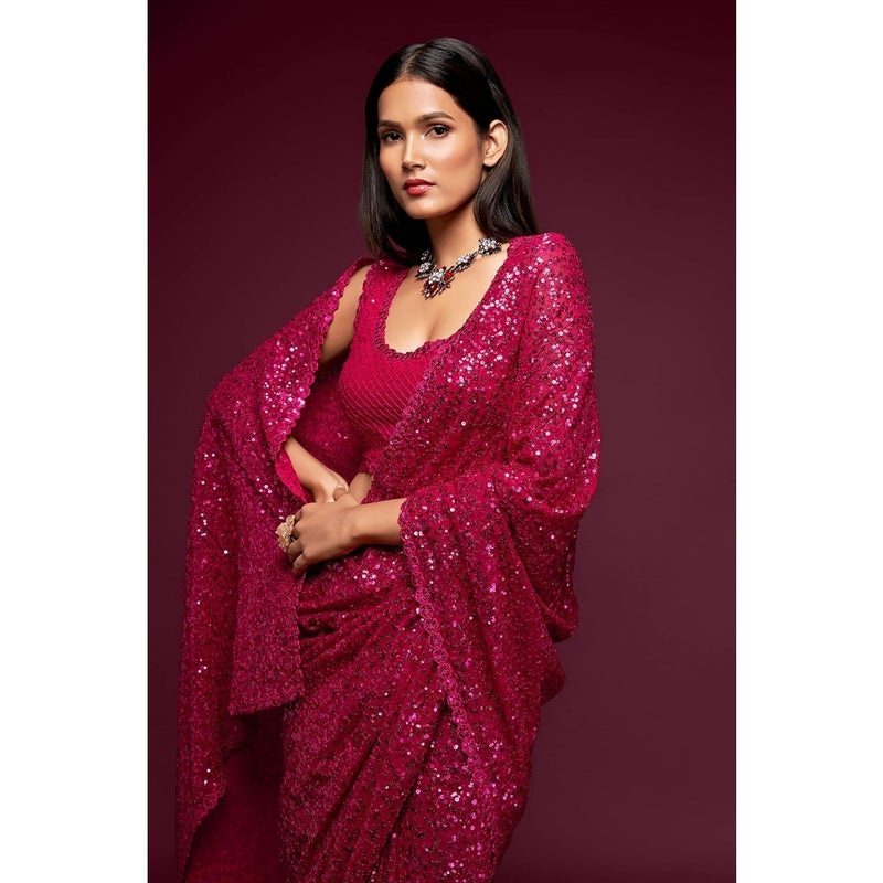 Women's sequins work heavy georgette saree with blouse for party wear, available in many colors, elegant shimmer finish - Image 3
