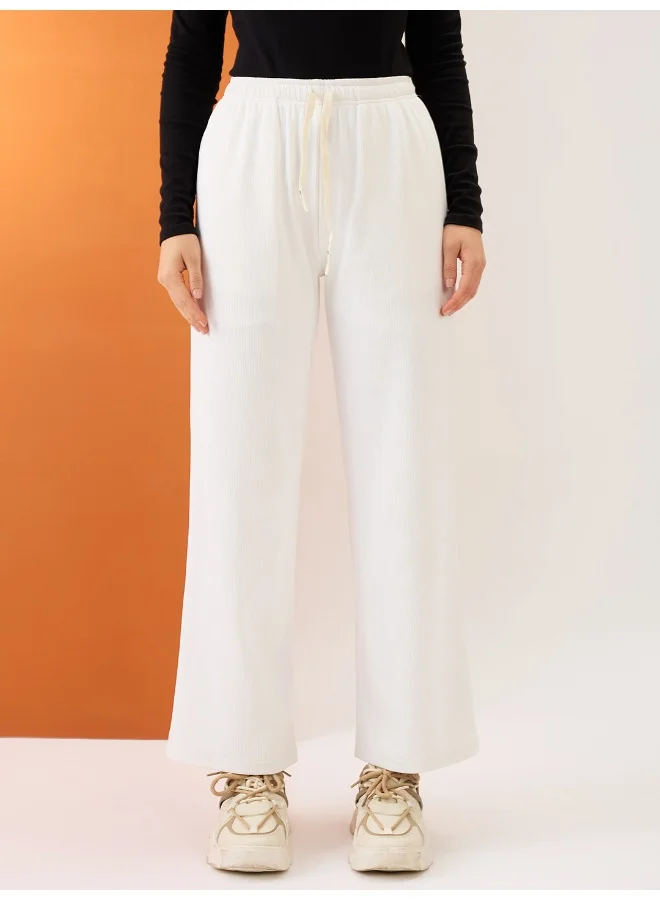 globus Globus Women White Self Design Mid-Rise Stretchable Straight Fit Trousers