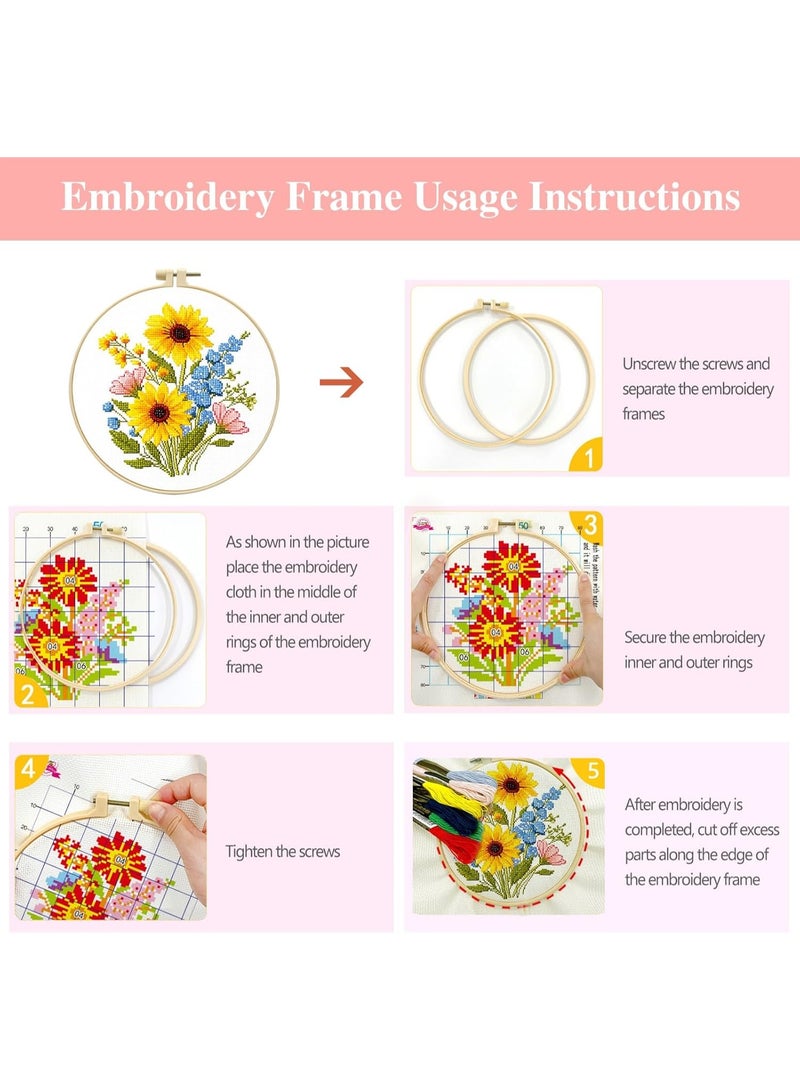 4-Piece Floral Cross Stitch Kit for Beginners - Complete Set with Pre-Printed 11CT 24x24cm Fabric, Hoop, Threads & Tools (Sunflower, Peony, Tulip Designs) - Image 3