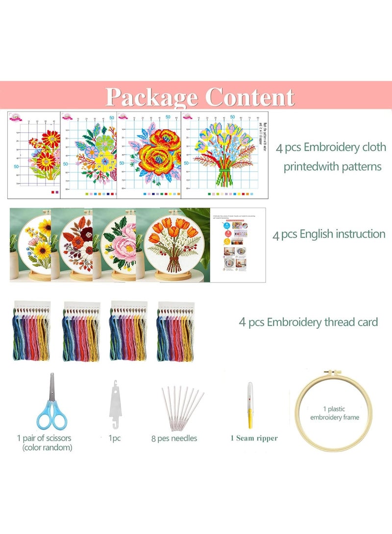4-Piece Floral Cross Stitch Kit for Beginners - Complete Set with Pre-Printed 11CT 24x24cm Fabric, Hoop, Threads & Tools (Sunflower, Peony, Tulip Designs) - Image 2