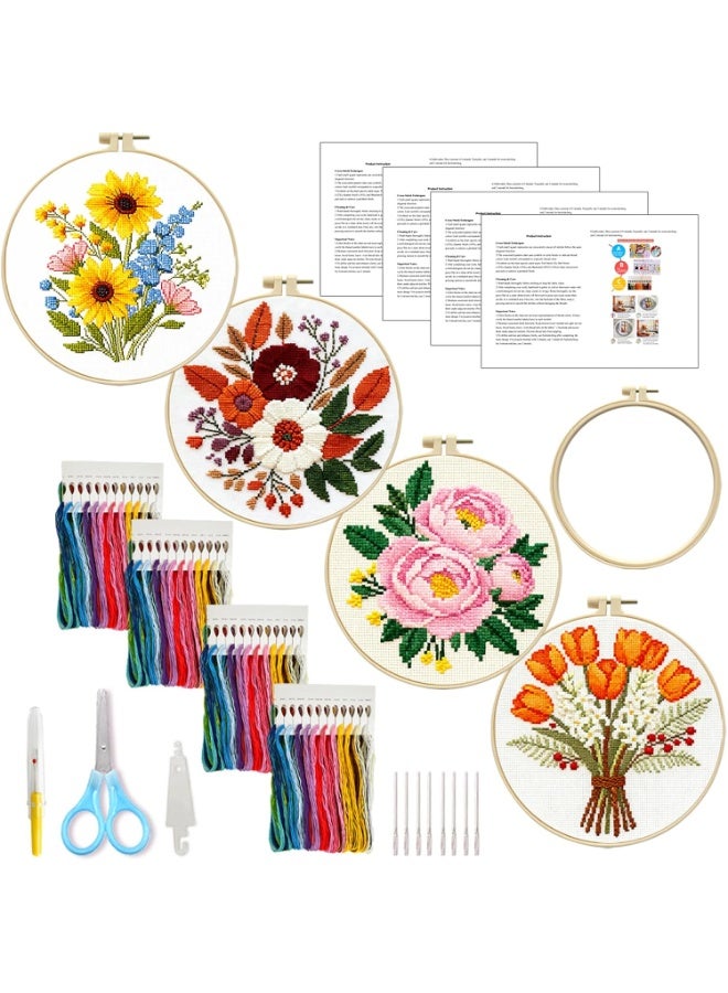 4-Piece Floral Cross Stitch Kit for Beginners - Complete Set with Pre-Printed 11CT 24x24cm Fabric, Hoop, Threads & Tools (Sunflower, Peony, Tulip Designs) - Image 1