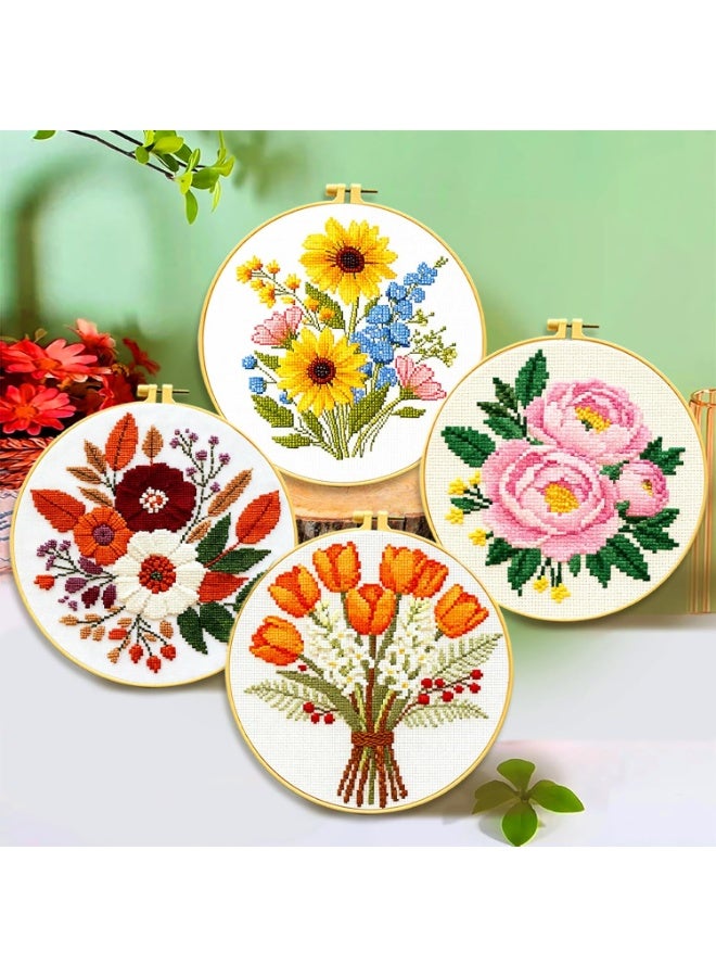 4-Piece Floral Cross Stitch Kit for Beginners - Complete Set with Pre-Printed 11CT 24x24cm Fabric, Hoop, Threads & Tools (Sunflower, Peony, Tulip Designs) - Image 5