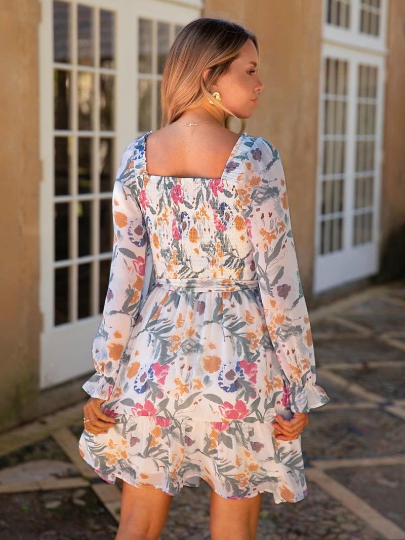 Simplee Womens Floral Long Sleeve Mini Dress Boho Square Neck Smocked Short Flowy Summer Wedding Guest Dresses Beach Vacation Light Green XL - Image 3