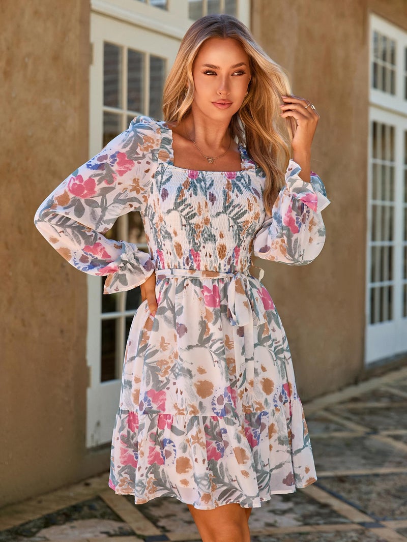 Simplee Womens Floral Long Sleeve Mini Dress Boho Square Neck Smocked Short Flowy Summer Wedding Guest Dresses Beach Vacation Light Green XL - Image 2
