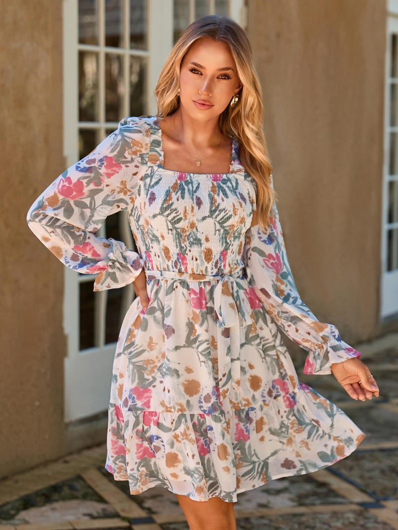 Simplee Womens Floral Long Sleeve Mini Dress Boho Square Neck Smocked Short Flowy Summer Wedding Guest Dresses Beach Vacation Light Green XL - Image 4