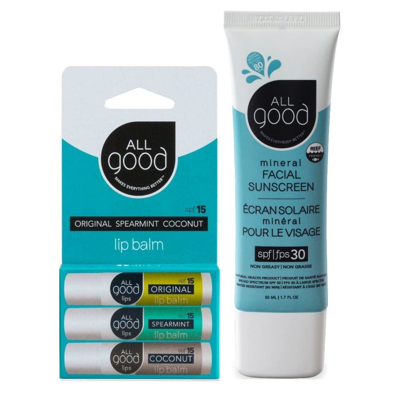 All Good SPF 15 Lip Balm & Facial Sunscreen Bundle - Calendula, Olive Oil, Beeswax, Vitamin E - Includes (1) SPF 15 Lip Balm 3-Pack, and (1) SPF 30 Facial Sunscreen