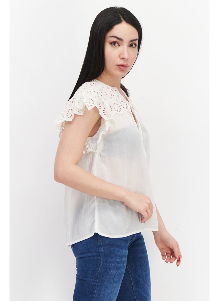 Pepe Jeans Women V-Neck Sleeveless Embroidered Blouse, Off White  - Image 3