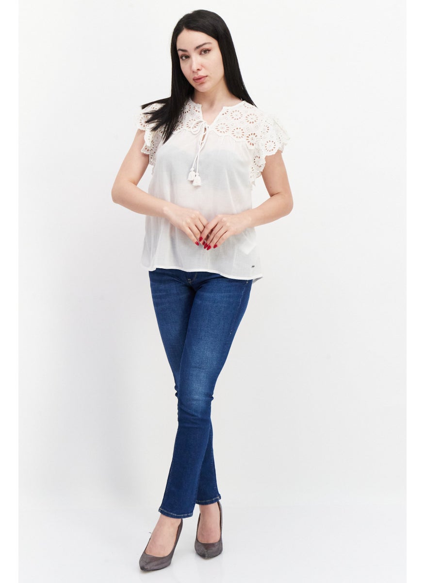 Pepe Jeans Women V-Neck Sleeveless Embroidered Blouse, Off White  - Image 2