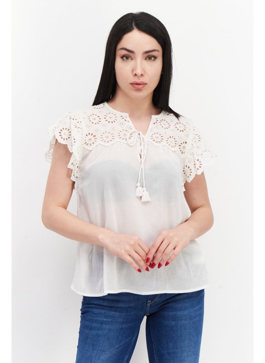 Pepe Jeans Women V-Neck Sleeveless Embroidered Blouse, Off White  - Image 1
