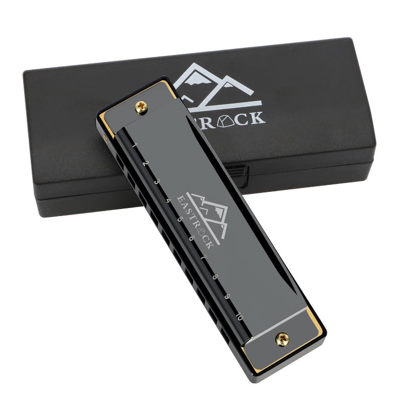 EastRock بلوز هارمونيكا فم عضوي 10 ثقوب مفتاح C مع حقيبة، هارمونيكا دياتونيك للاعبين المحترفين، المبتدئين، هدايا الطلاب، البالغين، الأصدقاء، هدية سوداء - Image 1