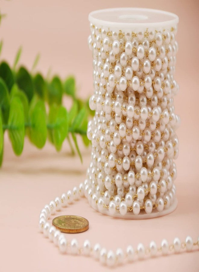 PAMIR TONG 32.8ft Faux Pearl Beading Brass Chain Beaded Rosary Link Chains for Craft DIY Bracelet, Necklace, Glass, Mask, Shoes, Clothes Decoration,Jewelry Making (6MM) - Image 2