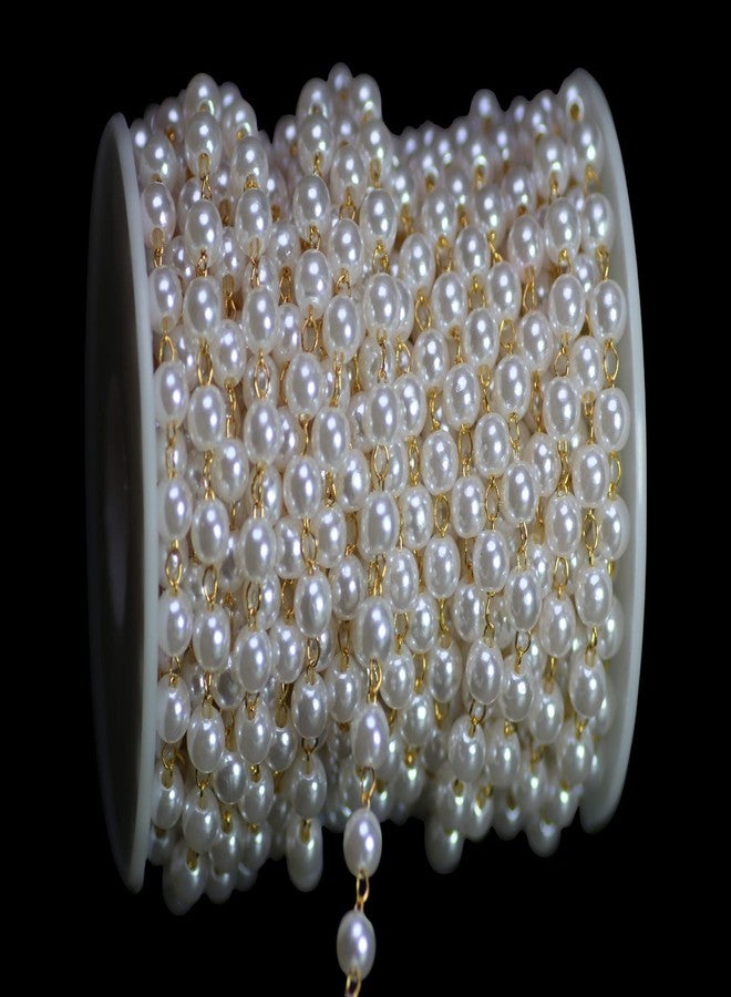 PAMIR TONG 32.8ft Faux Pearl Beading Brass Chain Beaded Rosary Link Chains for Craft DIY Bracelet, Necklace, Glass, Mask, Shoes, Clothes Decoration,Jewelry Making (6MM) - Image 1