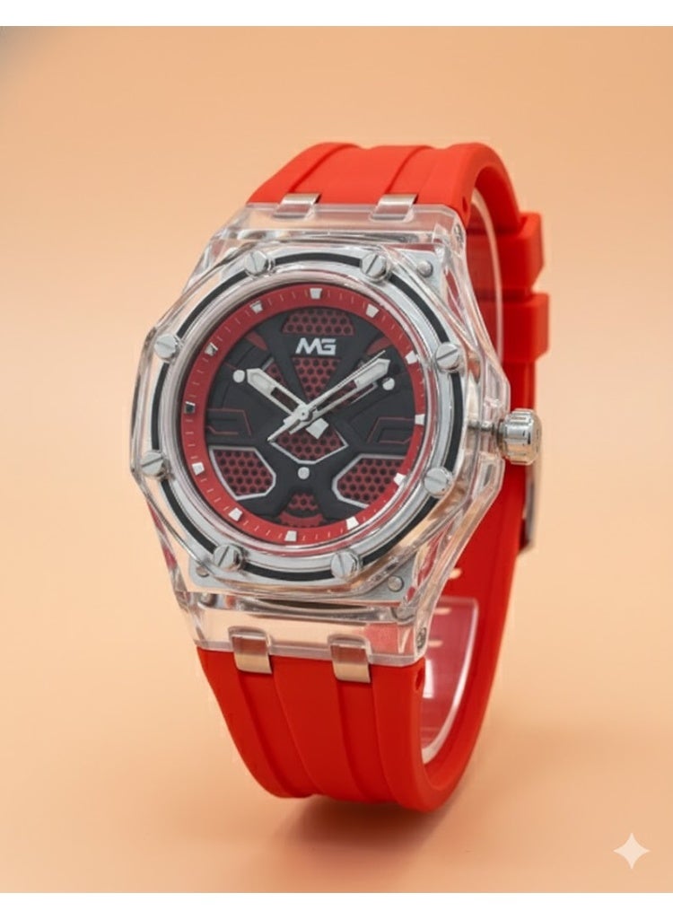 ام جي ساعة فيوجن سبورت كرونو بإطار شفاف وسوار من السيليكون الأصفر ومينا تقنية متعددة الطبقات - Image 1