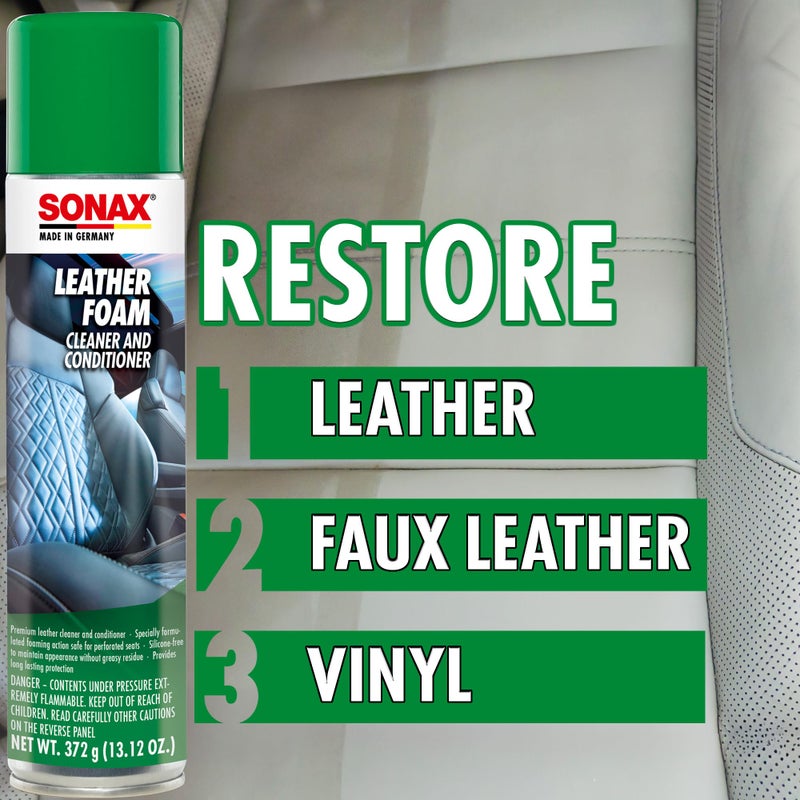 SONAX رغوة جلد سونكس 289300 | منظف ومكيف جلد 2 في 1 بخاخ | آمن للاستخدام على المقاعد المثقوبة المدفأة/المكيفة | حماية من الأشعة فوق البنفسجية تمنع تلف الأشعة فوق البنفسجية | 13.02 أونصة - Image 3