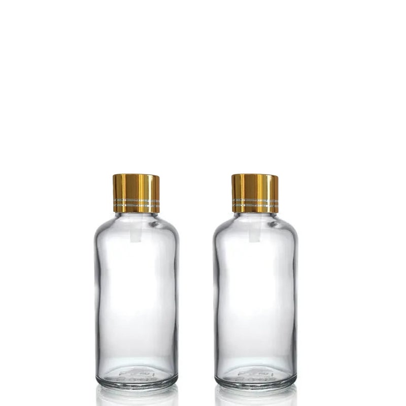 Devinez (Pack of 2) Multipurpose Refillable Transparent Clear Round Glass Bottle, 50 ml with Golden Cap and V Drop Nozzle for Cosmetics, Serum, Essential Oils, Blends, Skin Care, Travel, Toners & DIY - Image 1