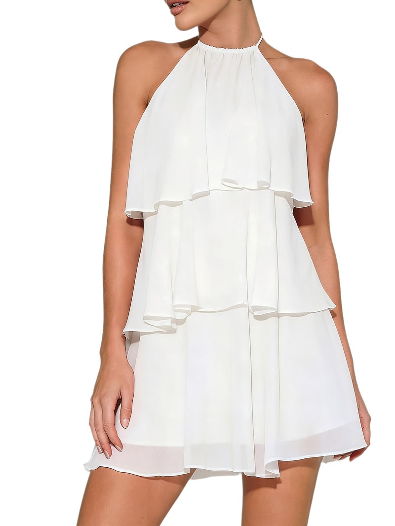 Lotus Leaf Layered Chiffon Mini Dress, Suitable for Daily Wear, Night Out, Nightclubs, Parties, Reunions, Cocktail Parties, Pool Parties, Back to Season, Uniforms, Vacation Dresses, Balle... - Image 1