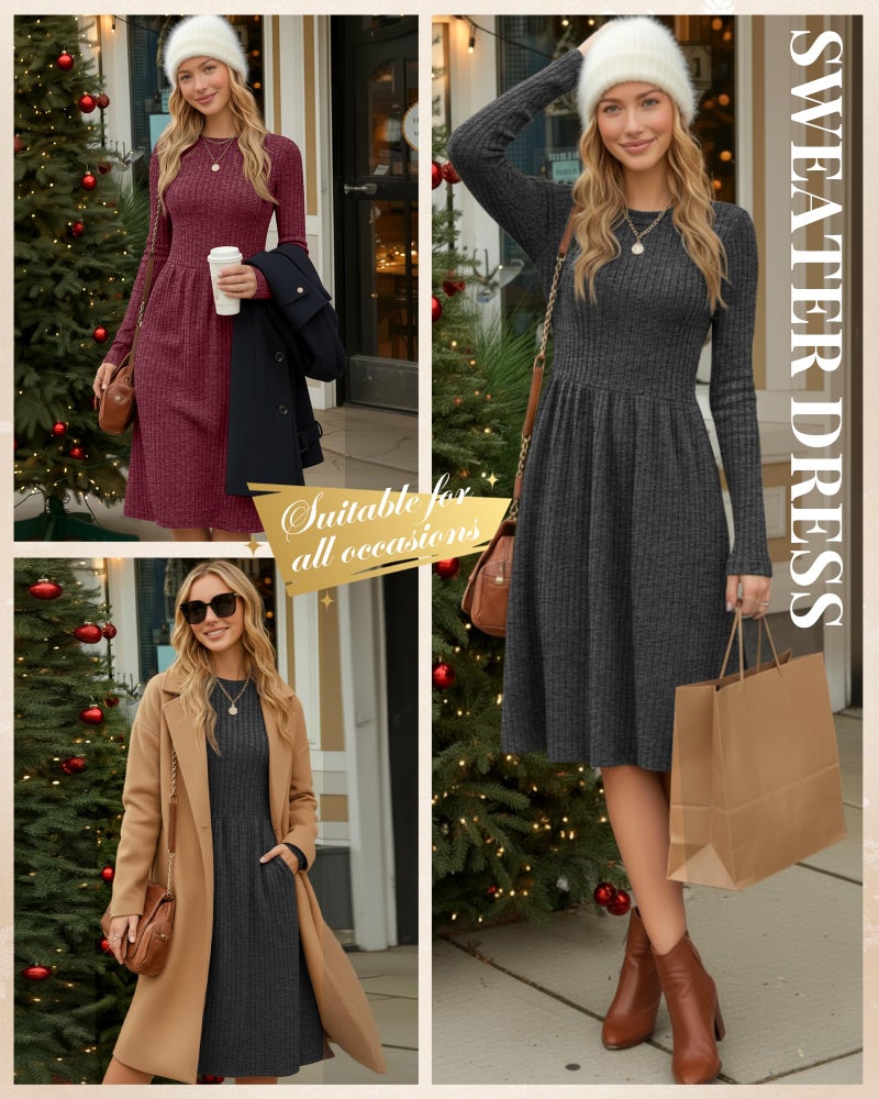 Riyiper 2 Pack Women's Long Sleeve Sweater Dress Ribbed Pleated Casual Round Neck Knee Length Dress with Pocket(Dark Gray, Fuchsia,M) - Image 4