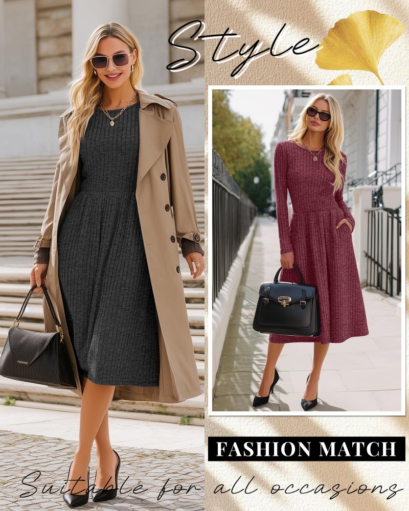 Riyiper 2 Pack Women's Long Sleeve Sweater Dress Ribbed Pleated Casual Round Neck Knee Length Dress with Pocket(Dark Gray, Fuchsia,M) - Image 3