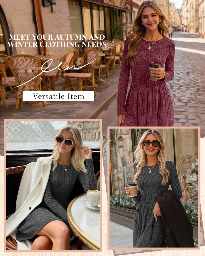 Riyiper 2 Pack Women's Long Sleeve Sweater Dress Ribbed Pleated Casual Round Neck Knee Length Dress with Pocket(Dark Gray, Fuchsia,M) - Image 2