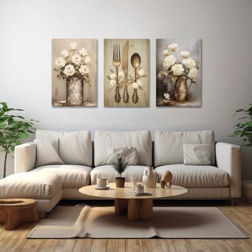 CXHOSTENT Farmhouse Kitchen Wall Art 3 Piece Rustic Flower Canvas Prints Country Tableware Pictures Wall Decor Vintage Kitchen Framed Artwork (11.00"x14.00"x3P) - Image 2