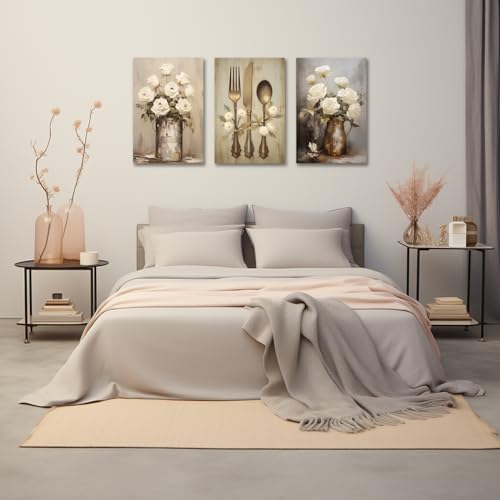 CXHOSTENT Farmhouse Kitchen Wall Art 3 Piece Rustic Flower Canvas Prints Country Tableware Pictures Wall Decor Vintage Kitchen Framed Artwork (11.00"x14.00"x3P) - Image 5