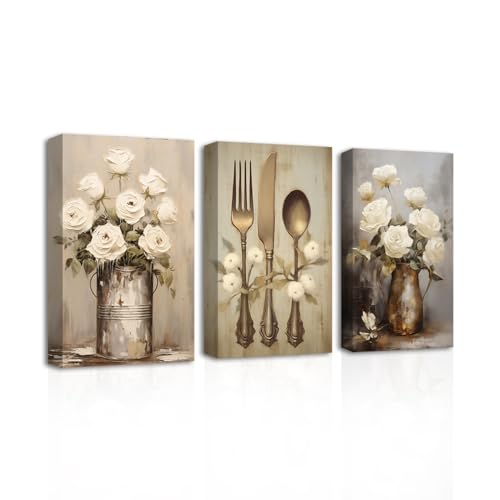 CXHOSTENT Farmhouse Kitchen Wall Art 3 Piece Rustic Flower Canvas Prints Country Tableware Pictures Wall Decor Vintage Kitchen Framed Artwork (11.00"x14.00"x3P) - Image 1
