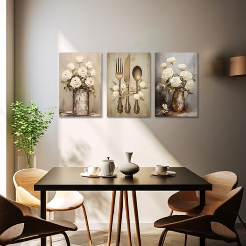CXHOSTENT Farmhouse Kitchen Wall Art 3 Piece Rustic Flower Canvas Prints Country Tableware Pictures Wall Decor Vintage Kitchen Framed Artwork (11.00"x14.00"x3P) - Image 4