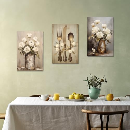 CXHOSTENT Farmhouse Kitchen Wall Art 3 Piece Rustic Flower Canvas Prints Country Tableware Pictures Wall Decor Vintage Kitchen Framed Artwork (11.00"x14.00"x3P) - Image 3