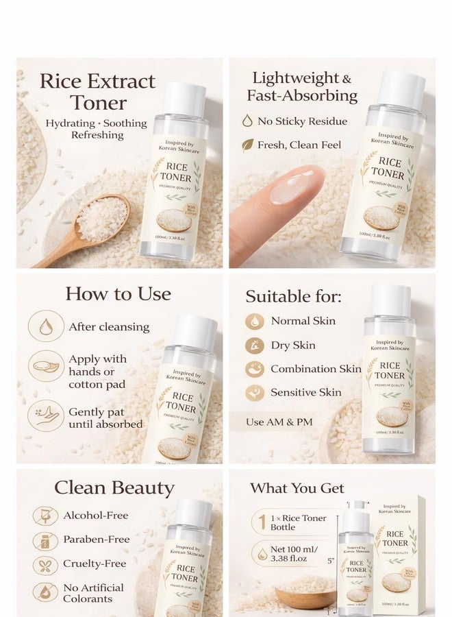 Korean Beauty Rice Toner for Face - 90% Natural Rice Extract Brightening Toner, Hydrating Anti-Aging Facial Toner for All Skin Types, Skin Tone Evening, 3.38 fl.oz/100ml - Image 2