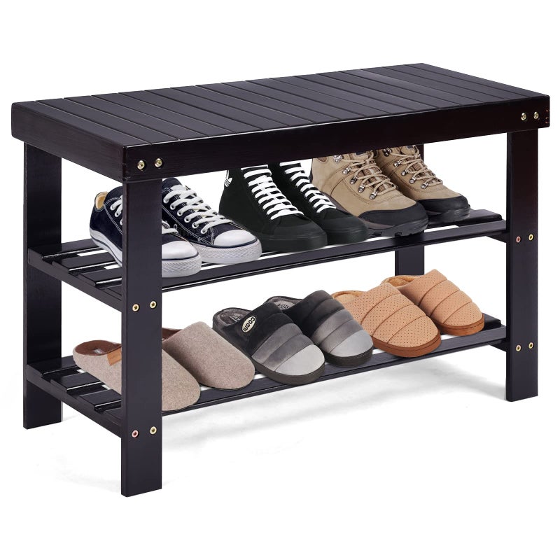 COSTWAY 3-Tier Shoe Rack Bench, Free Standing Wood Entryway Shoe Storage Organizer, Bamboo Storage Shelf for Shoes,Ideal for Home Entryway, Hallway - Image 1
