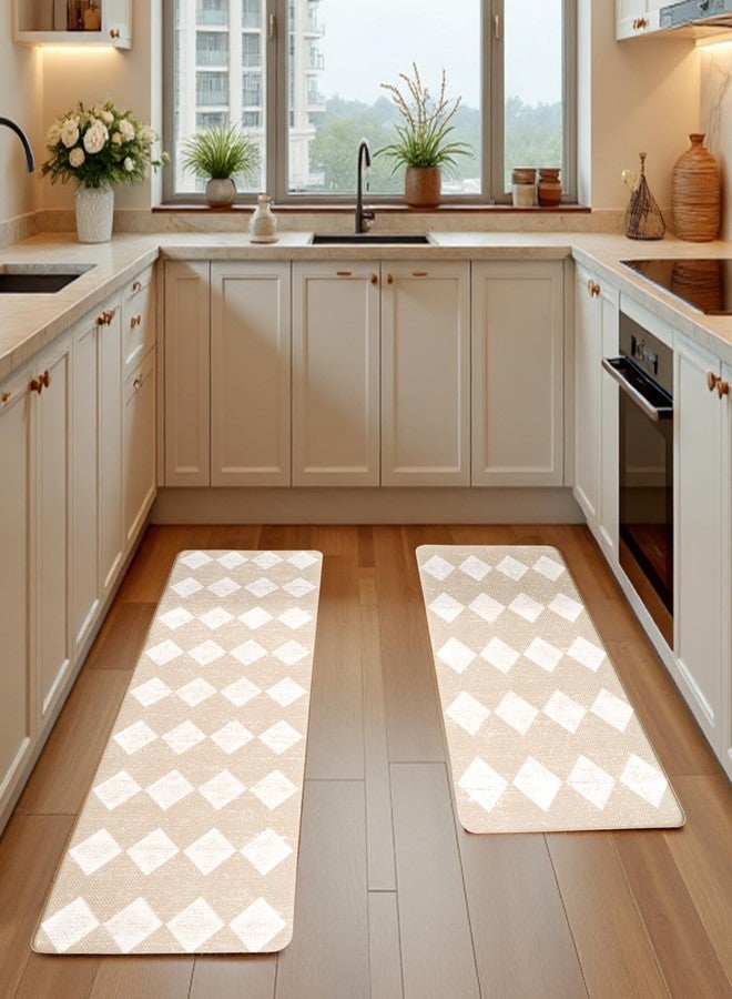VivaNest Moroccan Trellis Cream Checkered Kitchen Rug Sets [2 PCs], Anti-Fatigue, Waterproof Non-Slip Kitchen Mats Heavy Duty Ergonomic Comfort Foam Rug for Floor, Home, Laundry,17"x29"+17"x47" - Image 2