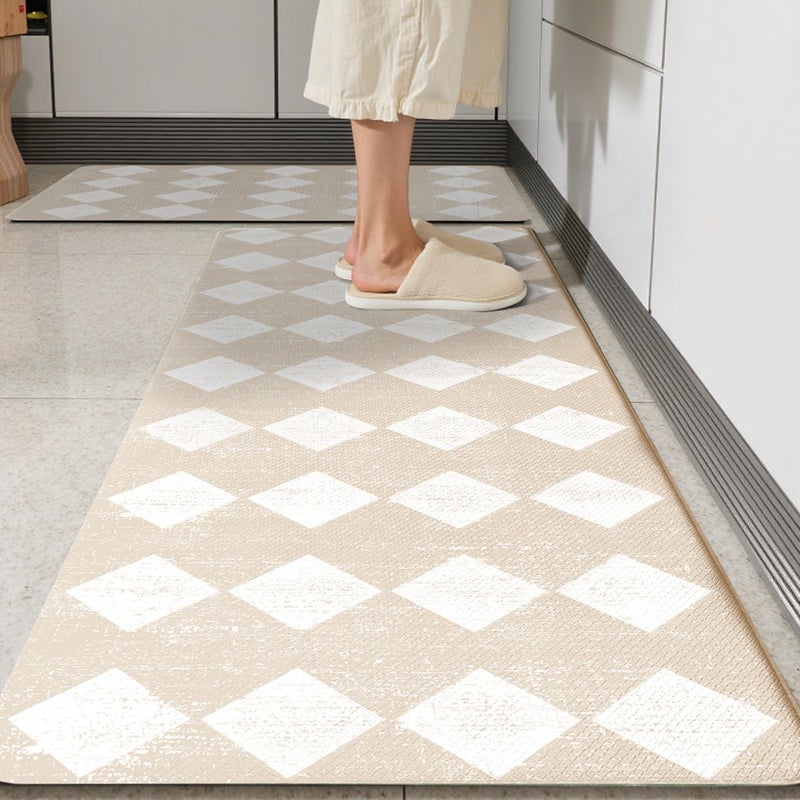 VivaNest Moroccan Trellis Cream Checkered Kitchen Rug Sets [2 PCs], Anti-Fatigue, Waterproof Non-Slip Kitchen Mats Heavy Duty Ergonomic Comfort Foam Rug for Floor, Home, Laundry,17"x29"+17"x47" - Image 1