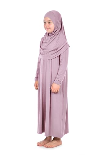 İhvan Online One-Piece Rose Color Dress with Head Scarf - Girls' 8-12 yr Long Sleeve Islamic Prayer Dress - Image 3