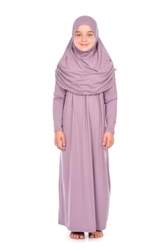 İhvan Online One-Piece Rose Color Dress with Head Scarf - Girls' 8-12 yr Long Sleeve Islamic Prayer Dress - Image 1