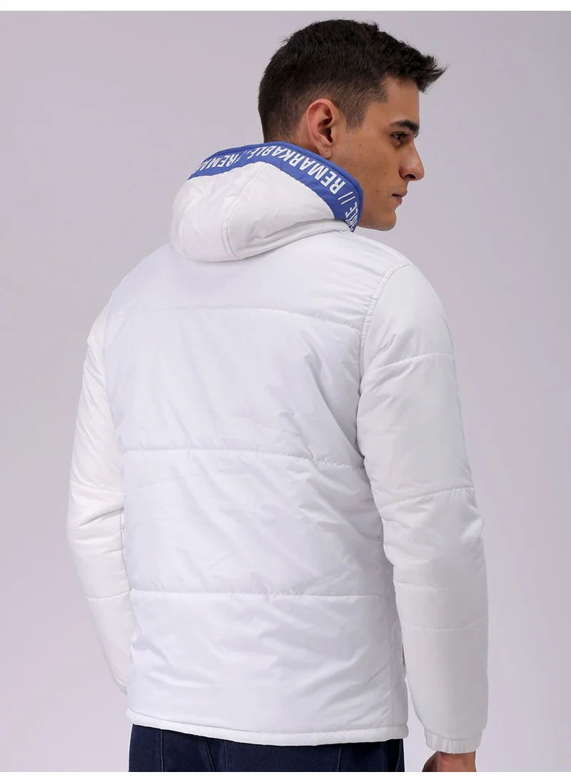 The Indian Garage Co Mens White Slim Fit Cut & Sew Hooded Zipper Placket Side Pocket Winter Jacket