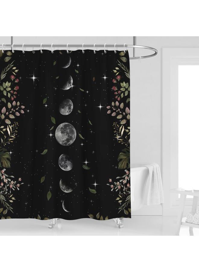 Kikiry Moon Phrase Shower Curtain 60''W x 72''L Floral Planet Leaves Plants Black Background Boho Moonlit Nature Lunar Eclipse Star Night Polyester Fabric Waterproof 12 Pack Plastic Hook - Image 1