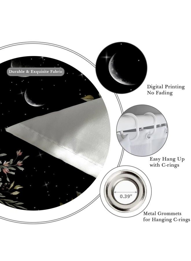Kikiry Moon Phrase Shower Curtain 60''W x 72''L Floral Planet Leaves Plants Black Background Boho Moonlit Nature Lunar Eclipse Star Night Polyester Fabric Waterproof 12 Pack Plastic Hook - Image 3