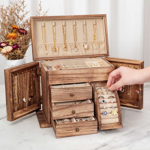 Poyilooo Jewelry Box Organizer, Solid Wood Jewelry Boxes for Women for Storage & Display Necklace Ring Earring Bracelet, Rustic Style Jewelry Organizer Box for Women Gifts (Carbonized Brown) - Image 2