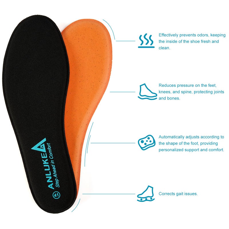 ANLUKE Memory Foam Insoles for Men & Women - Replacement Cushion Shoe Inserts for Work Boots, Running Shoes, Hiking, Sneakers & Loafers - Shock Absorbing Support for Foot Pain Relief & All-Day Comfort Black - Image 3