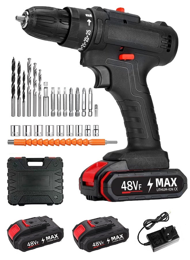 ALongDeng 48V Cordless Drill Set Power Drill Kit with 2 Pcs Battery 25 Position 2 Variable Speed 3/8'' Keyless Chuck Fast Charger and 24 Pcs Accessories with Case - Image 1