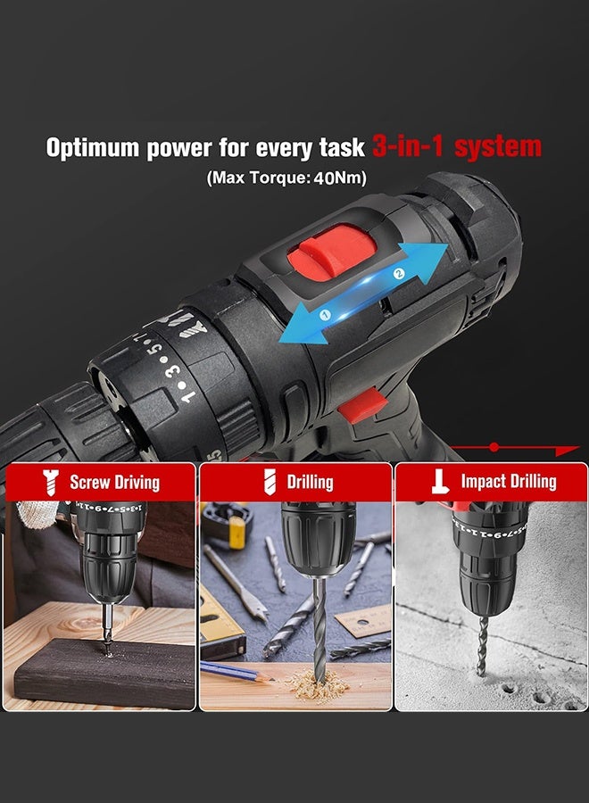 ALongDeng 48V Cordless Drill Set Power Drill Kit with 2 Pcs Battery 25 Position 2 Variable Speed 3/8'' Keyless Chuck Fast Charger and 24 Pcs Accessories with Case - Image 2