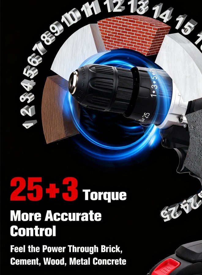 ALongDeng 48V Cordless Drill Set Power Drill Kit with 2 Pcs Battery 25 Position 2 Variable Speed 3/8'' Keyless Chuck Fast Charger and 24 Pcs Accessories with Case - Image 3