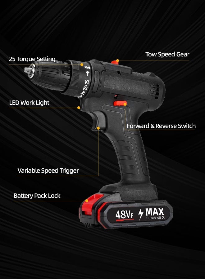 ALongDeng 48V Cordless Drill Set Power Drill Kit with 2 Pcs Battery 25 Position 2 Variable Speed 3/8'' Keyless Chuck Fast Charger and 24 Pcs Accessories with Case - Image 4