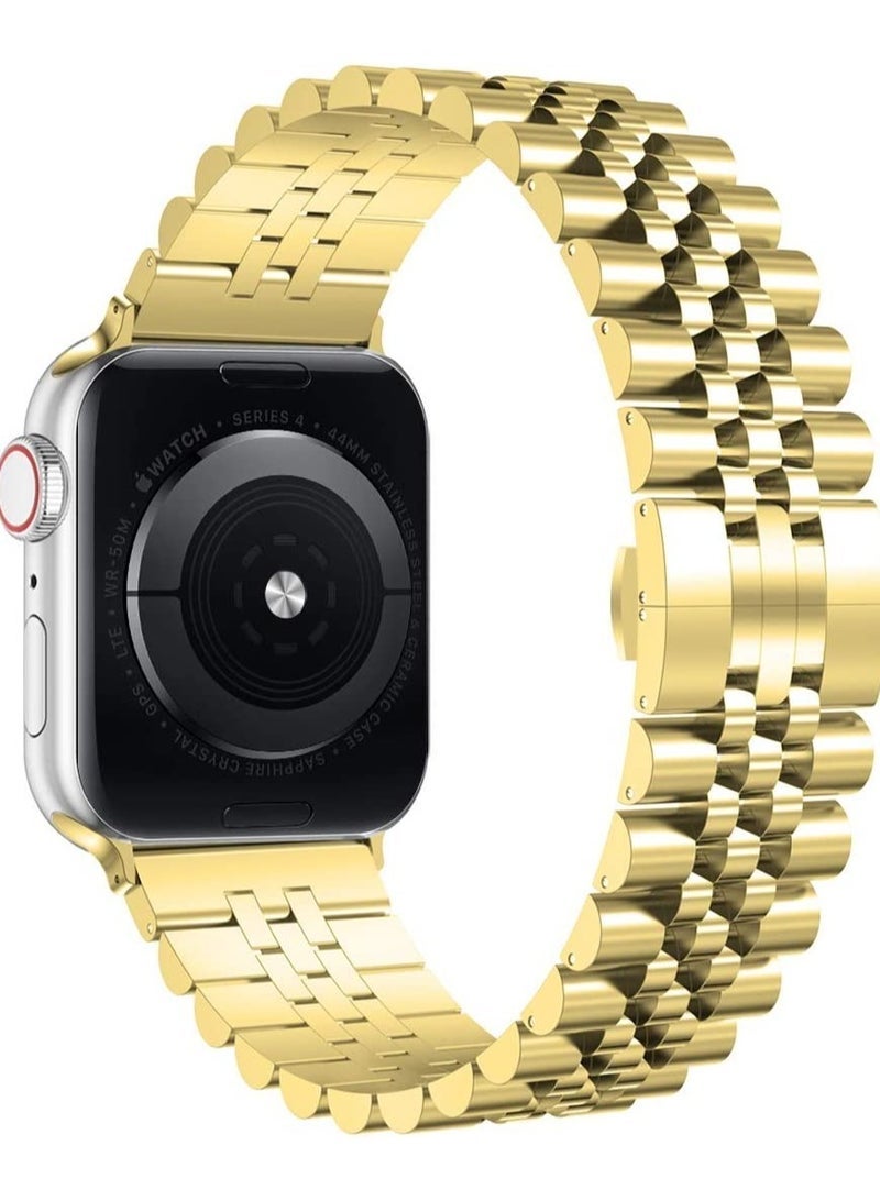 Gravity Compatible with Apple Watch Band 44mm 42mm 40mm 38mm Stainless Steel Heavy Band with Butterfly Folding Clasp Link Bracelet for iWatch Series 6/SE Series 5/4/3/2/1 Men Gold 44mm/42mm - Image 1
